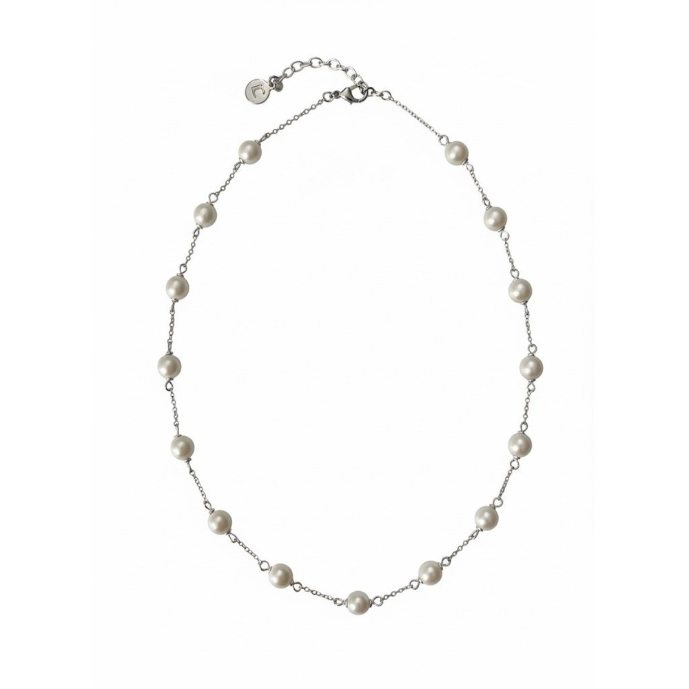 Liz Claiborne LC Delicate Faux Pearl Necklace‎ Silver Tone Chain Choker 17"L